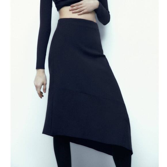 Zara Asymmetric Ribbed Midi Skirt in Navy Blue - Picture 1 of 10